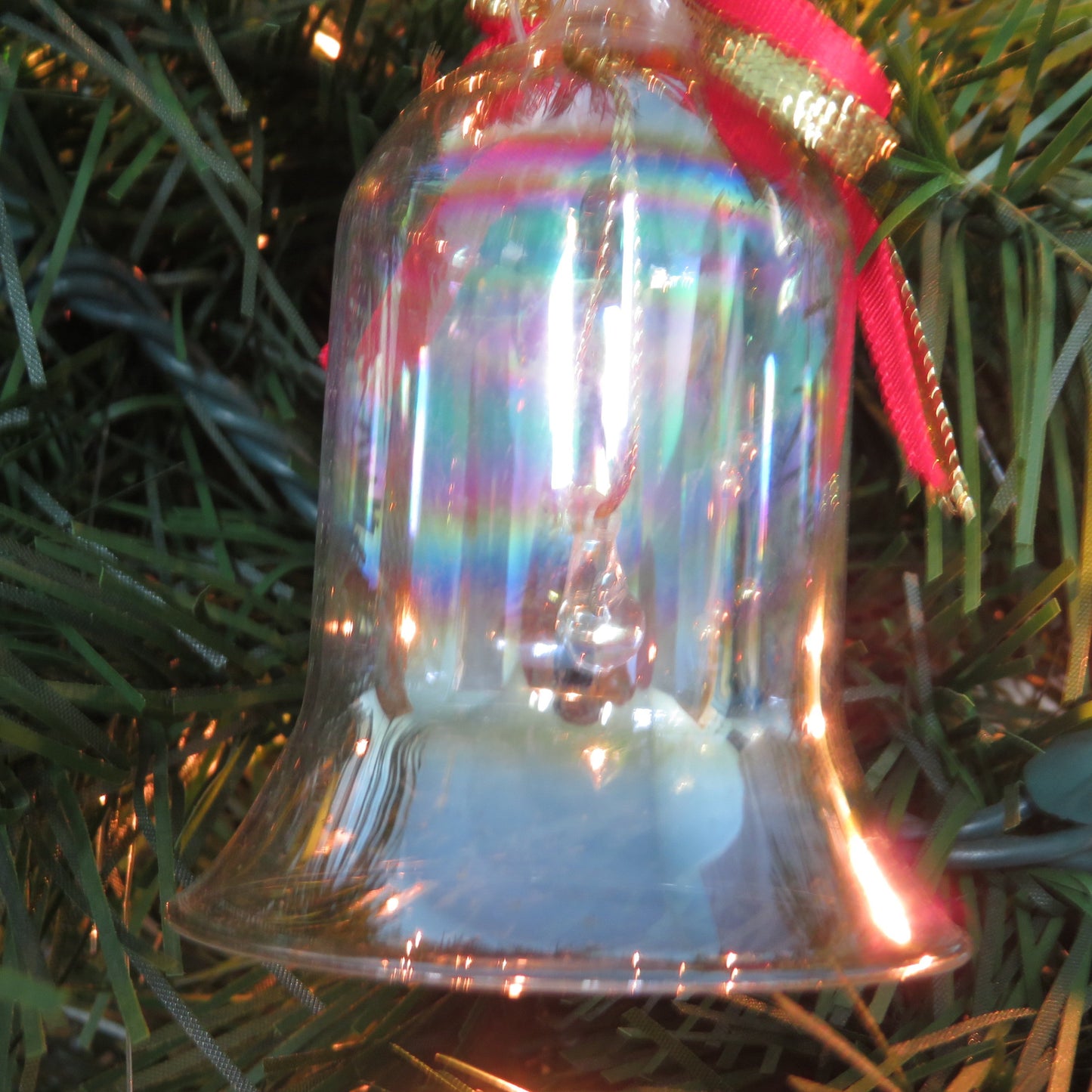 Vintage Glass Bell Ornament Iridescent Red Ribbon Bow Christmas Single Bell Gold