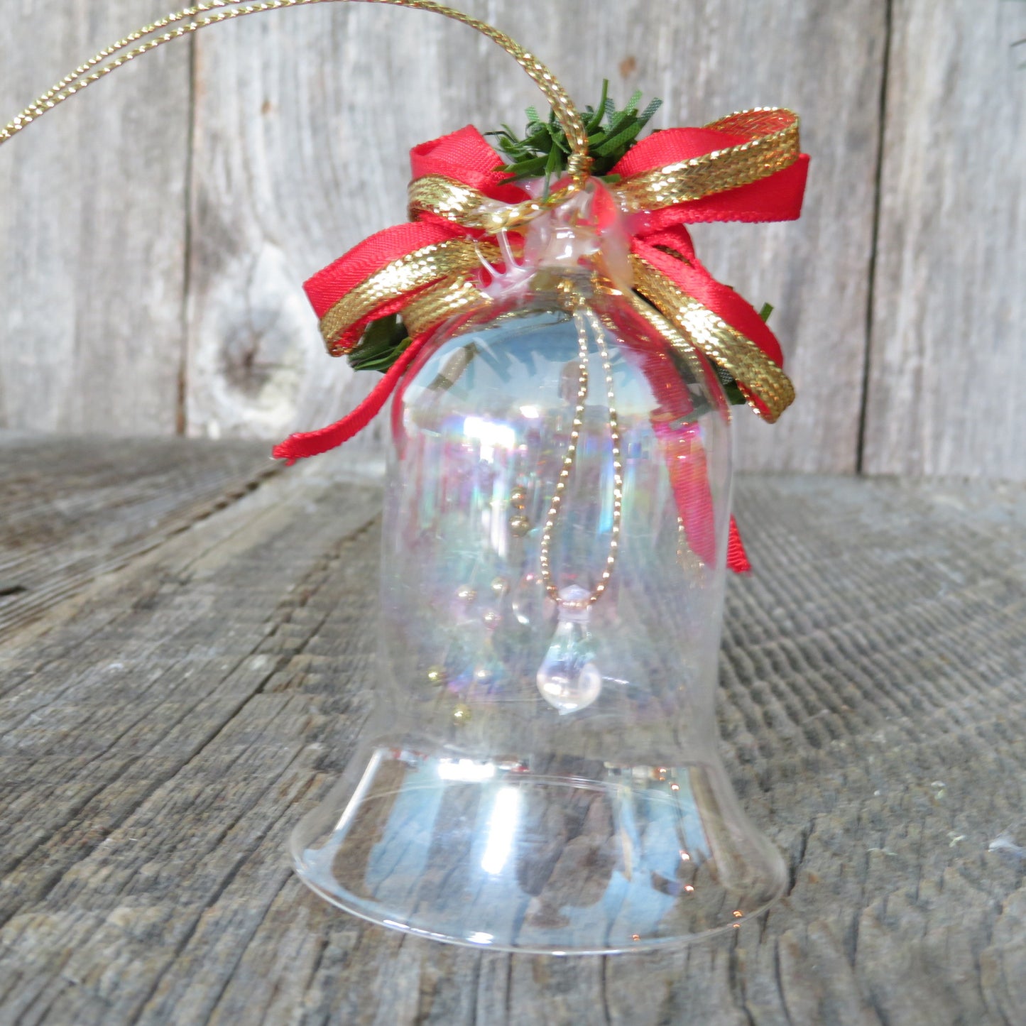 Vintage Glass Bell Ornament Iridescent Red Ribbon Bow Christmas Single Bell Gold