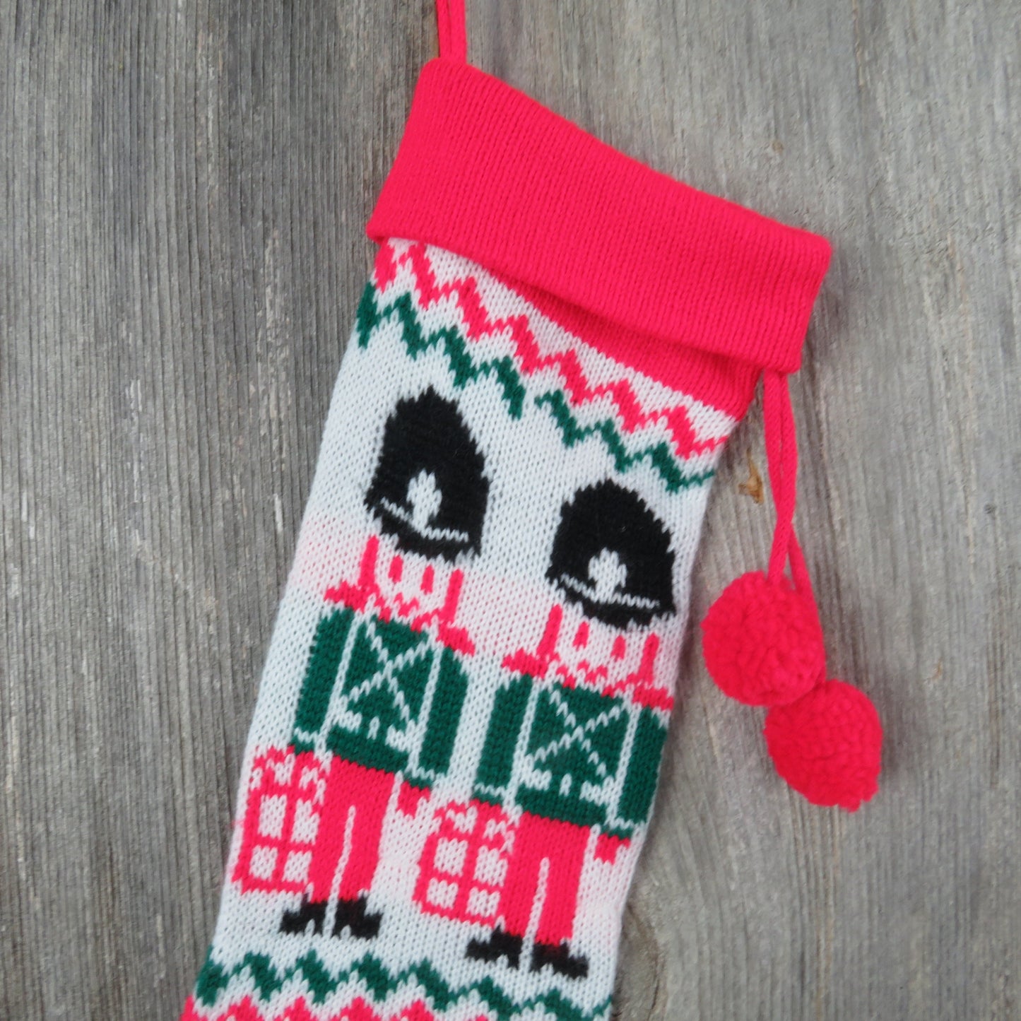 Vintage Knit Toy Soldier Christmas Stocking Military Knitted Drummer Red Green White