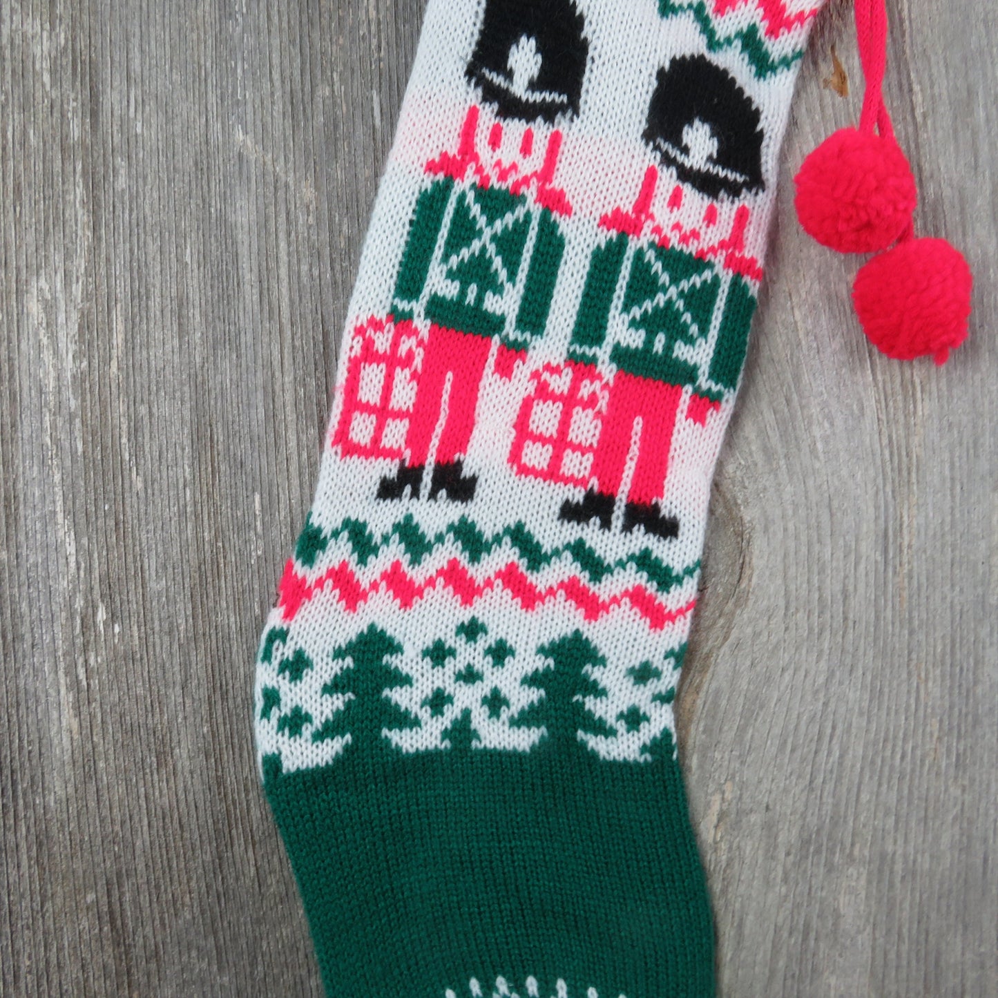 Vintage Knit Toy Soldier Christmas Stocking Military Knitted Drummer Red Green White