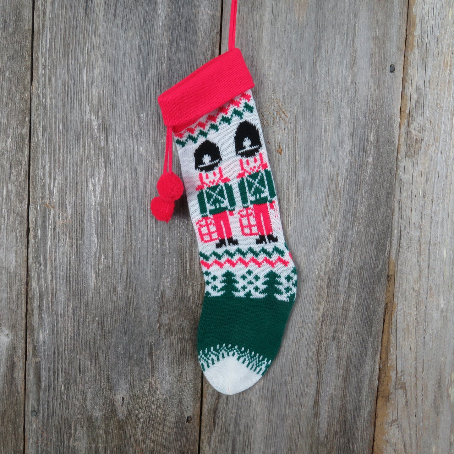 Vintage Knit Toy Soldier Christmas Stocking Military Knitted Drummer Red Green White