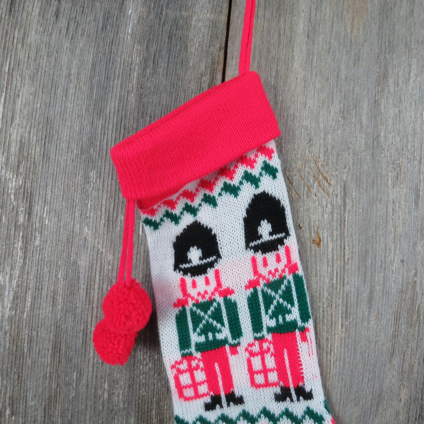 Vintage Knit Toy Soldier Christmas Stocking Military Knitted Drummer Red Green White