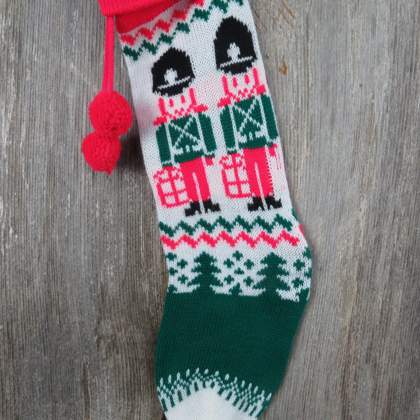 Vintage Knit Toy Soldier Christmas Stocking Military Knitted Drummer Red Green White