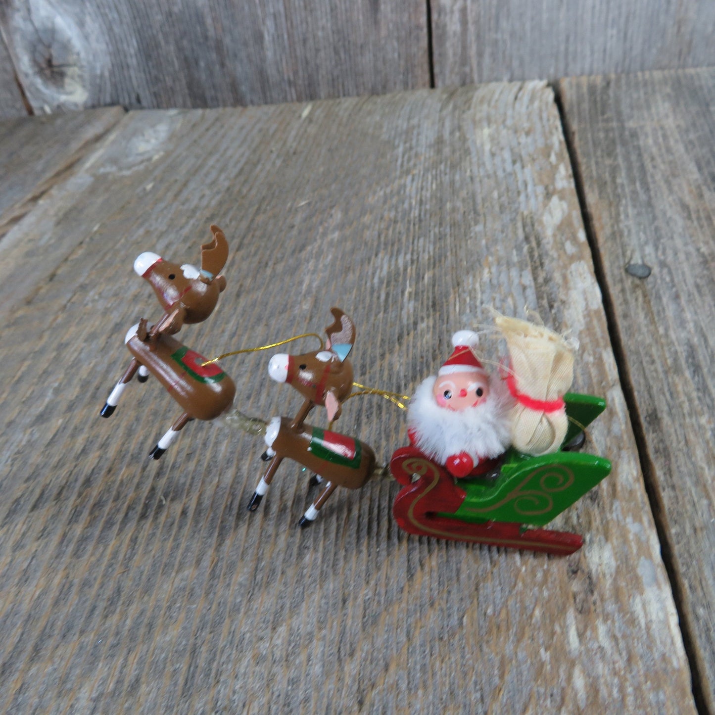 Vintage Santa in Sleigh with Reindeer Wood Ornament Kurt Adler Flying Wooden Take Off 1977 Taiwan