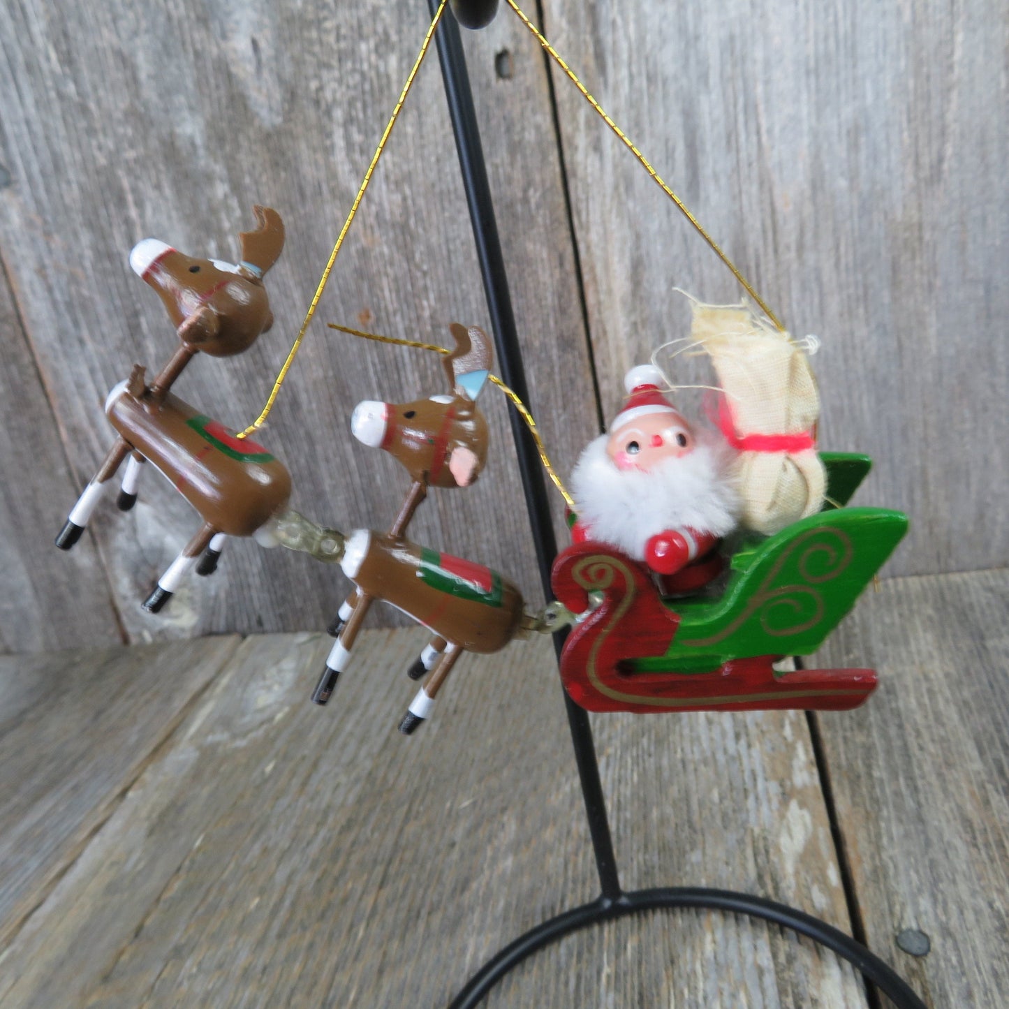 Vintage Santa in Sleigh with Reindeer Wood Ornament Kurt Adler Flying Wooden Take Off 1977 Taiwan