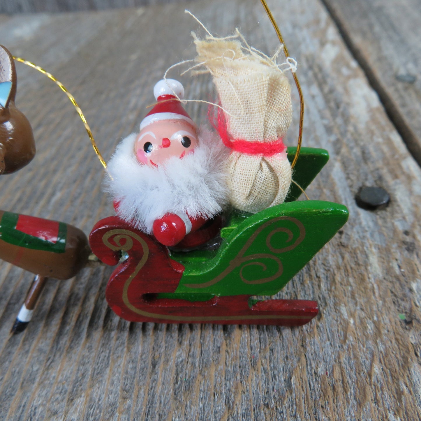 Vintage Santa in Sleigh with Reindeer Wood Ornament Kurt Adler Flying Wooden Take Off 1977 Taiwan