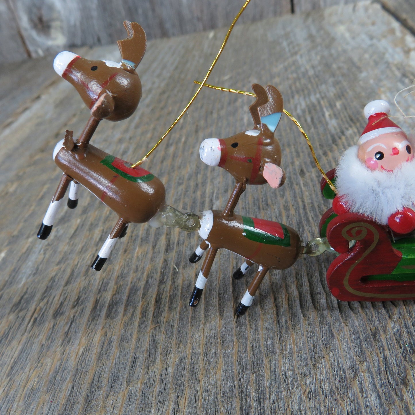 Vintage Santa in Sleigh with Reindeer Wood Ornament Kurt Adler Flying Wooden Take Off 1977 Taiwan