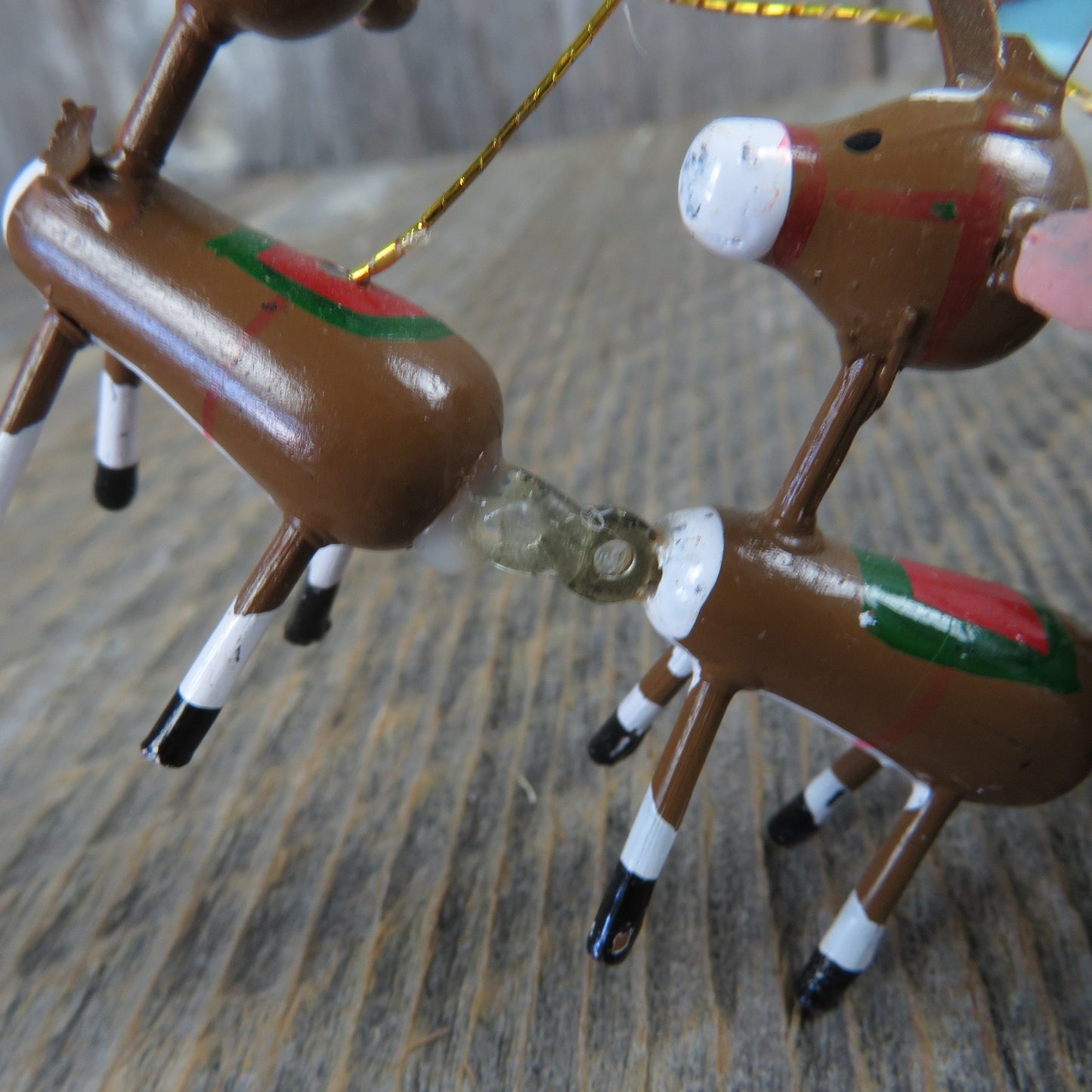 Vintage Santa in Sleigh with Reindeer Wood Ornament Kurt Adler Flying Wooden Take Off 1977 Taiwan