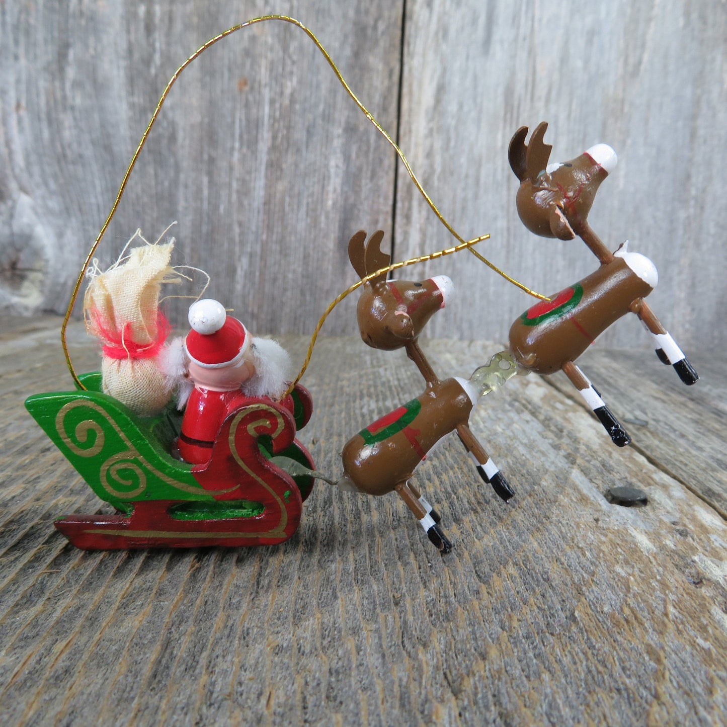 Vintage Santa in Sleigh with Reindeer Wood Ornament Kurt Adler Flying Wooden Take Off 1977 Taiwan