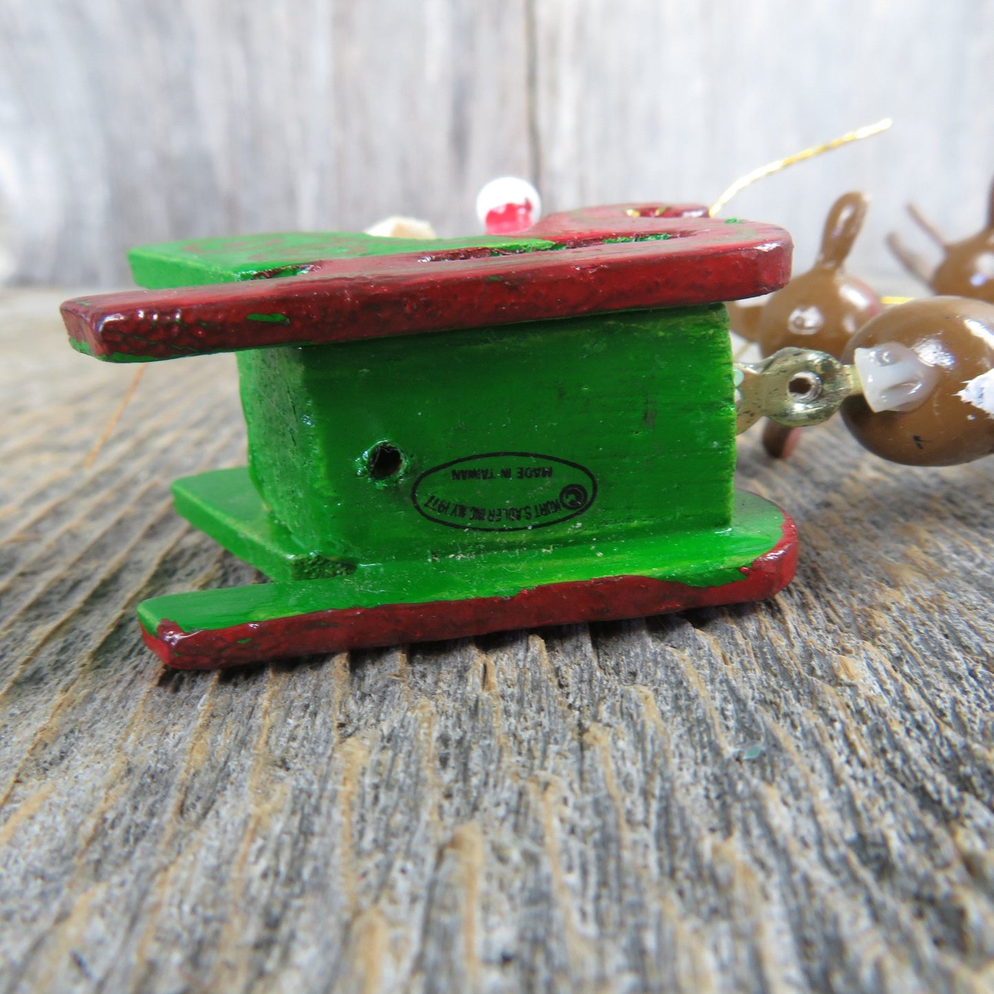 Vintage Santa in Sleigh with Reindeer Wood Ornament Kurt Adler Flying Wooden Take Off 1977 Taiwan