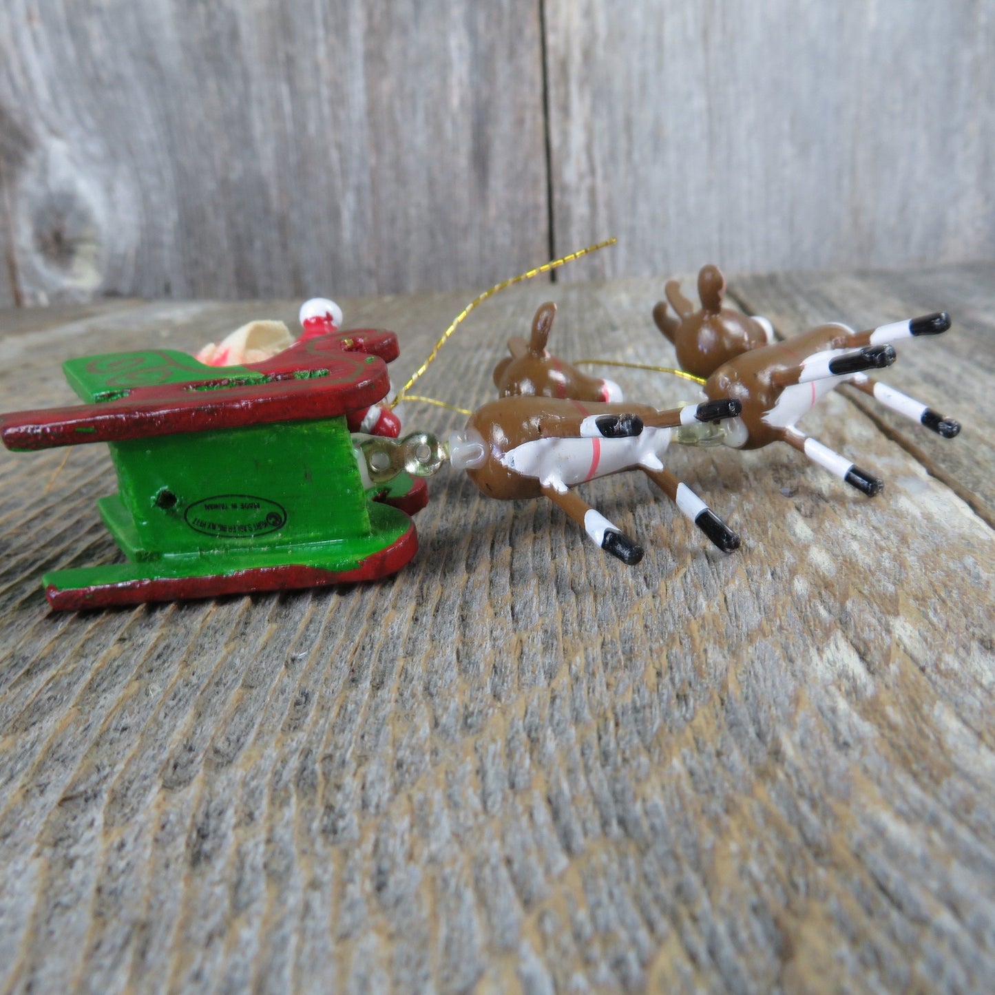 Vintage Santa in Sleigh with Reindeer Wood Ornament Kurt Adler Flying Wooden Take Off 1977 Taiwan