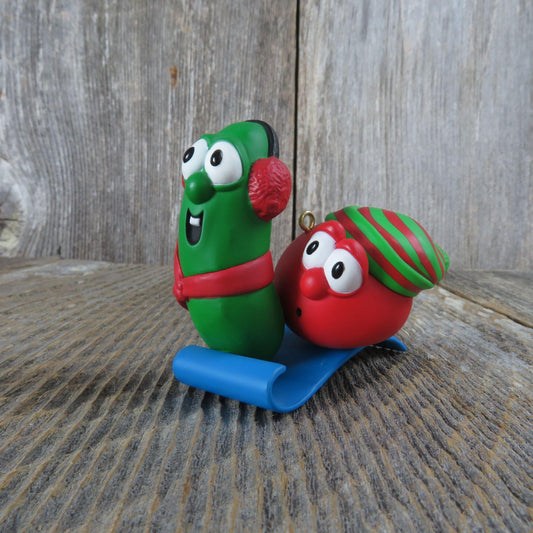 Vintage Veggie Tales Ornament Bob the Tomato Larry the Cucumber Sled Hallmark 2000 - At Grandma's Table