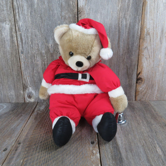 Vintage Santa Teddy Bear Plush Bell Ringer Red Suit Fabric Soft Body Stuffed Animal