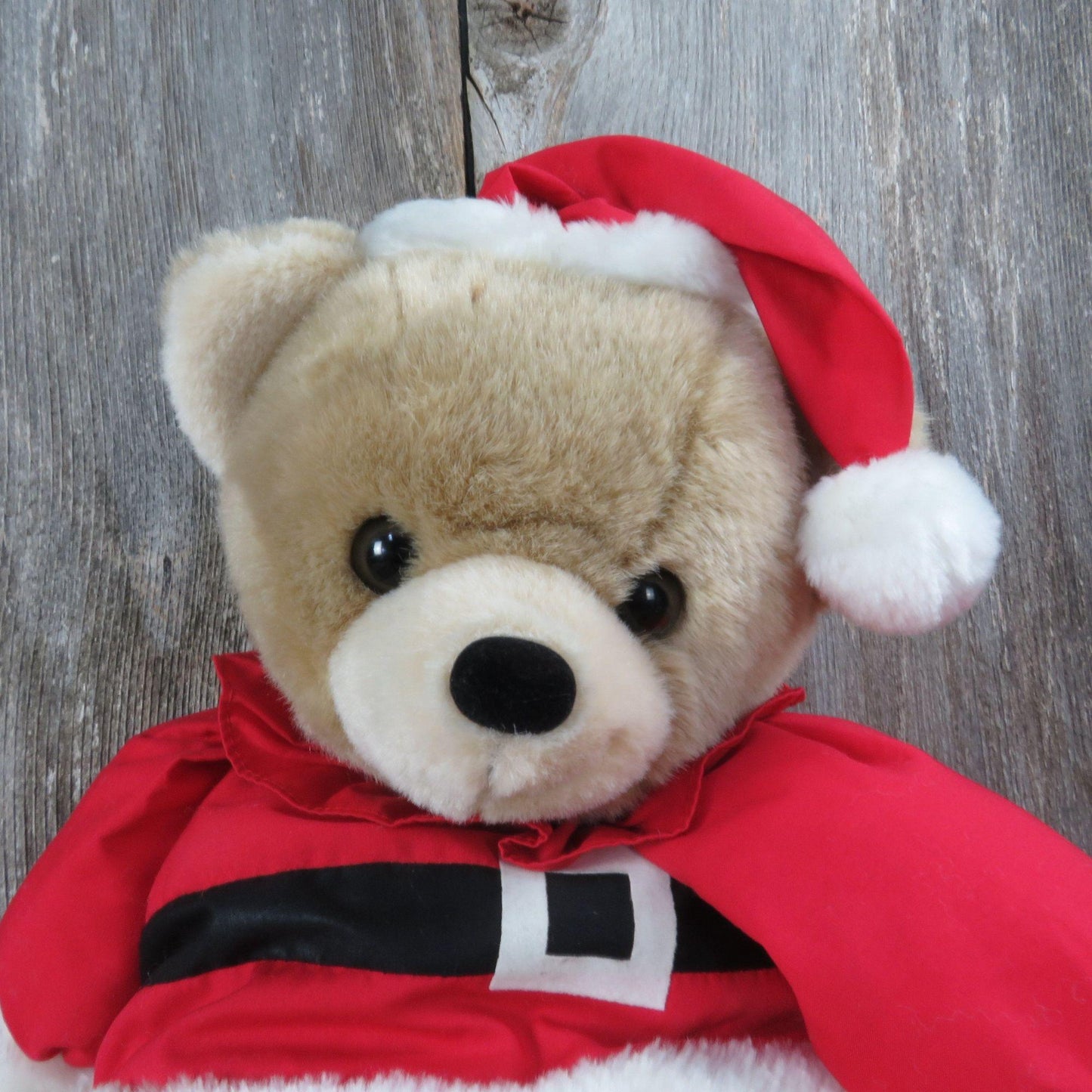 Vintage Santa Teddy Bear Plush Bell Ringer Red Suit Fabric Soft Body Stuffed Animal