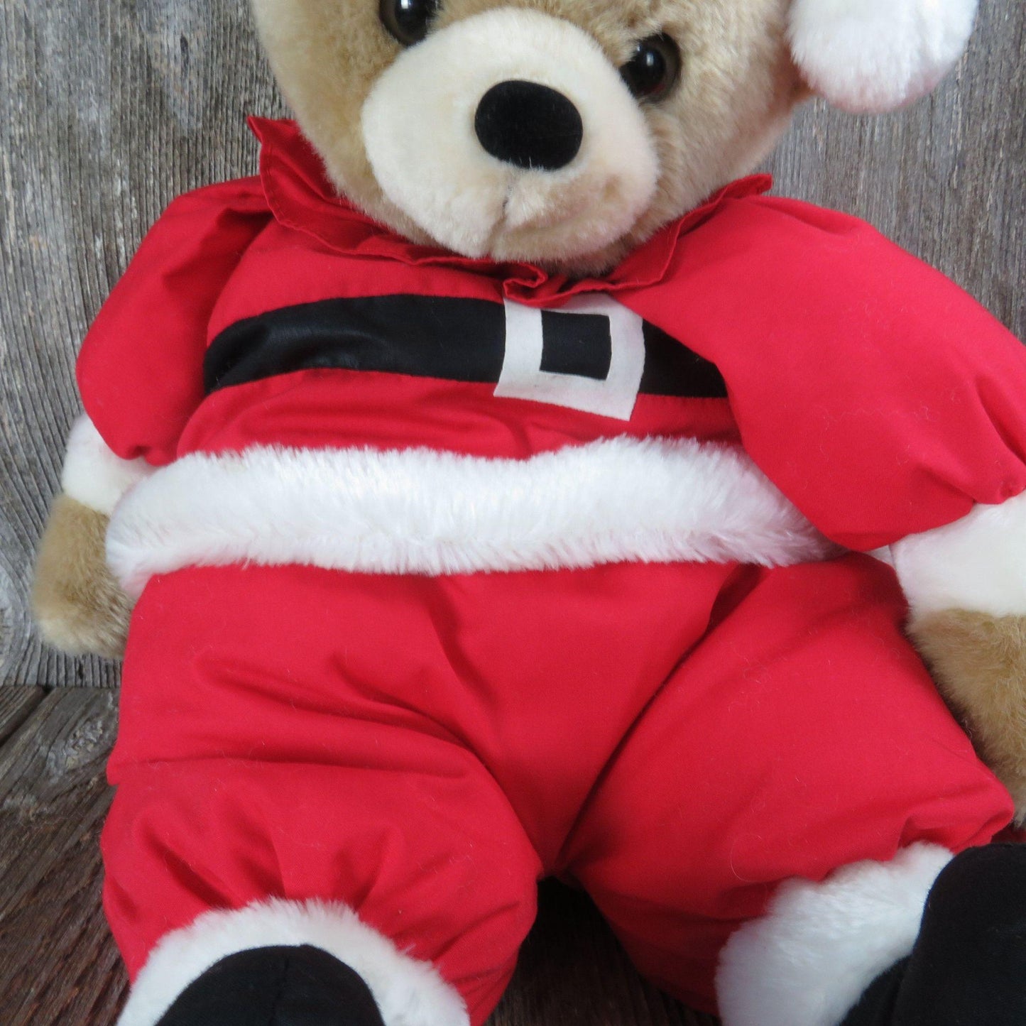 Vintage Santa Teddy Bear Plush Bell Ringer Red Suit Fabric Soft Body Stuffed Animal