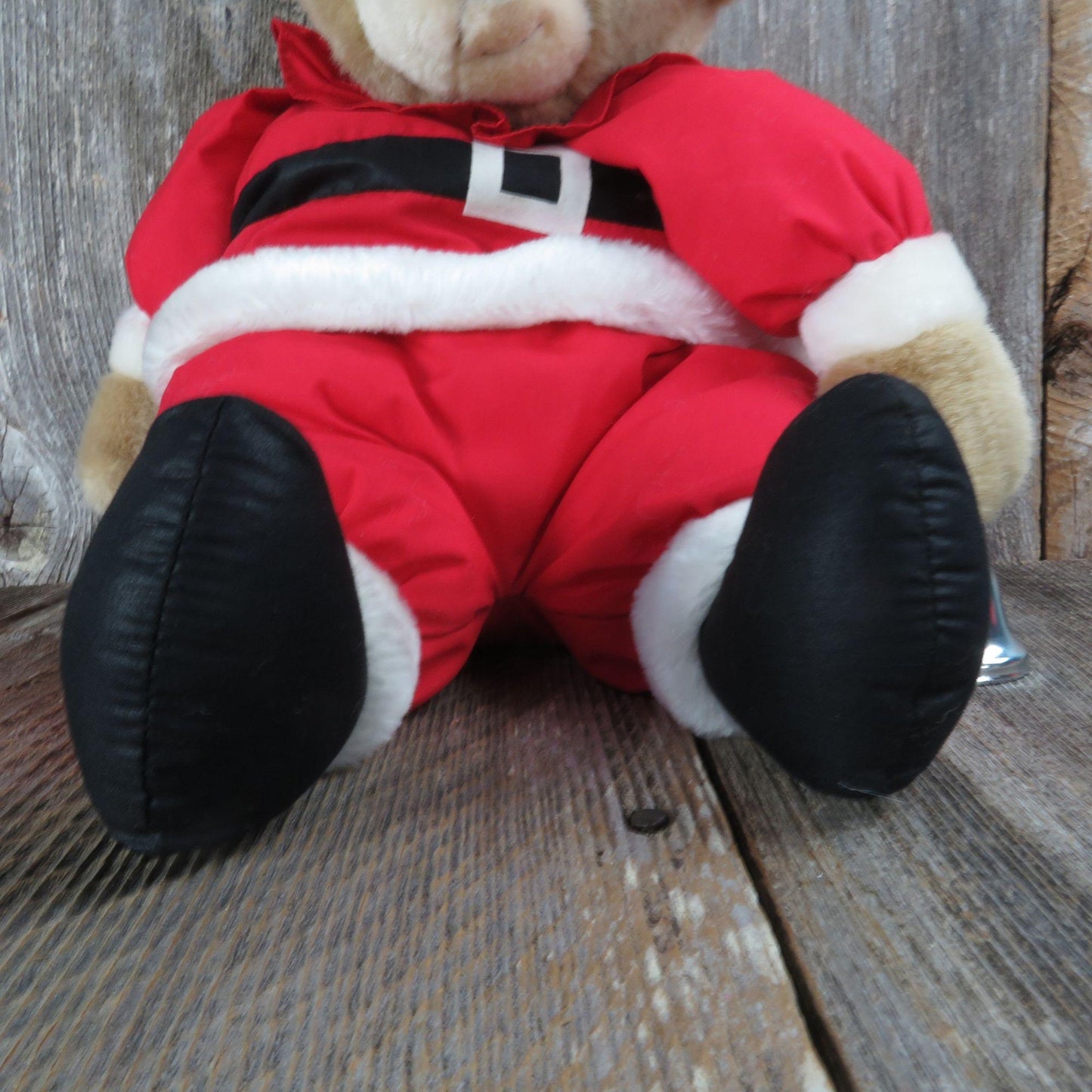 Vintage Santa Teddy Bear Plush Bell Ringer Red Suit Fabric Soft Body Stuffed Animal