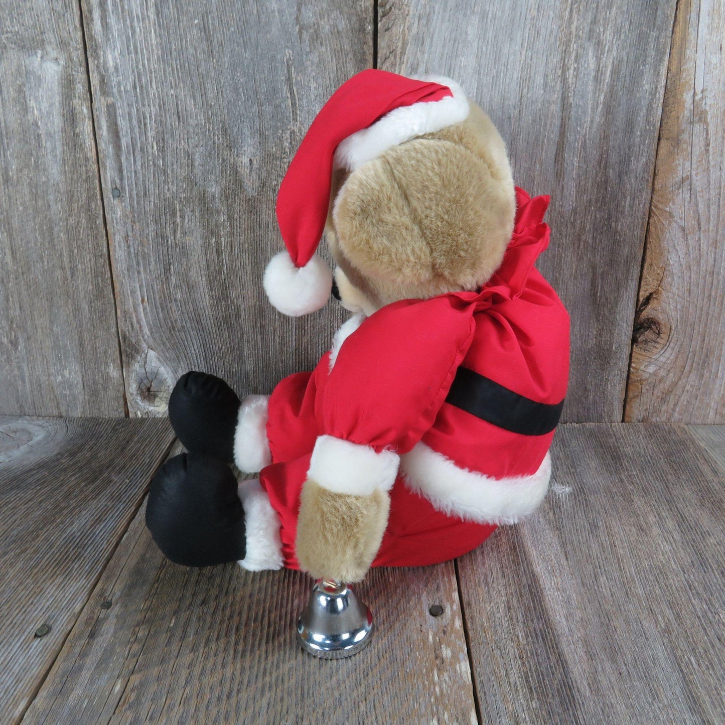 Vintage Santa Teddy Bear Plush Bell Ringer Red Suit Fabric Soft Body Stuffed Animal