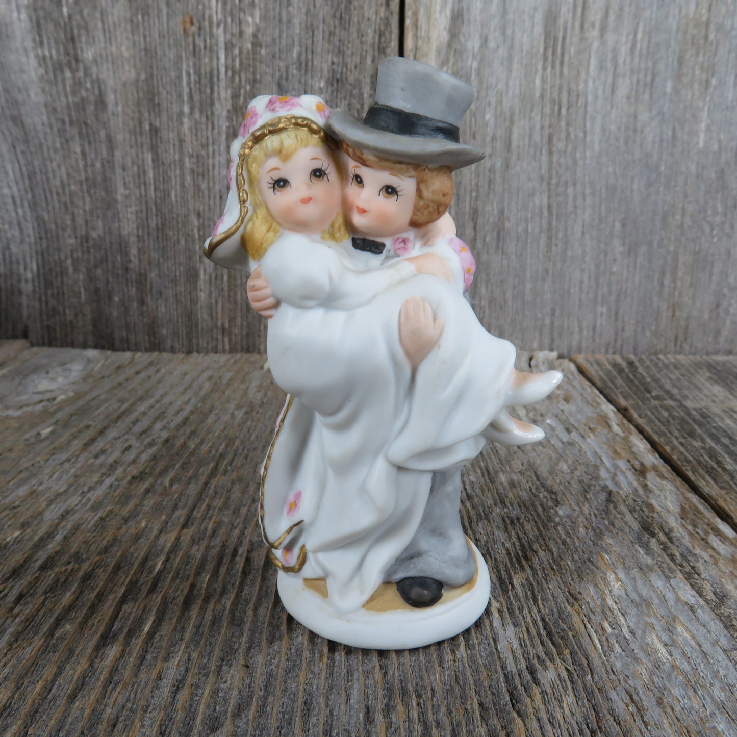 Bride and Groom Figurine Wedding Cake Topper Blonde Over the Threshold  Lefton China Ceramic Bisque Bouquet Vintage Bridal Shower 1987