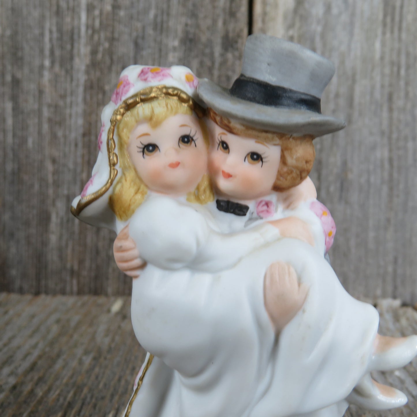 Bride and Groom Figurine Wedding Cake Topper Blonde Over the Threshold  Lefton China Ceramic Bisque Bouquet Vintage Bridal Shower 1987