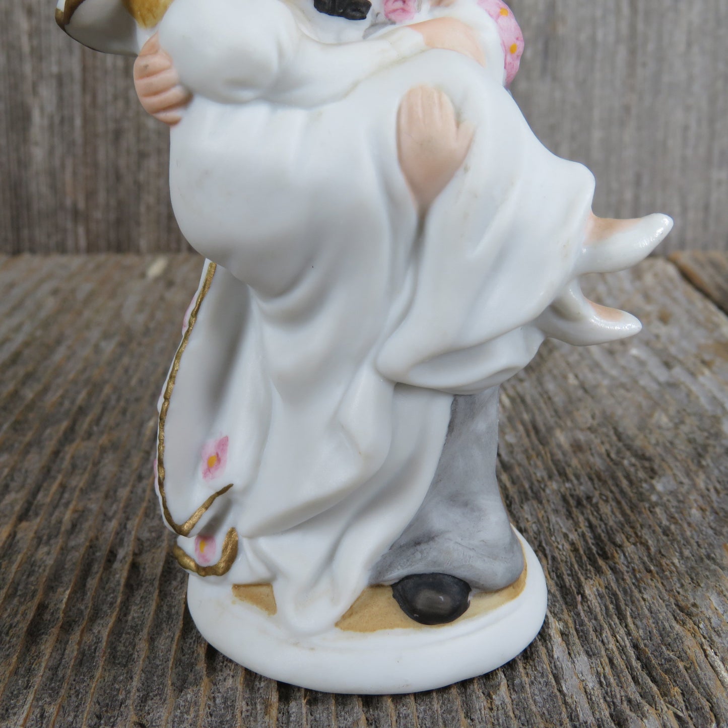 Bride and Groom Figurine Wedding Cake Topper Blonde Over the Threshold  Lefton China Ceramic Bisque Bouquet Vintage Bridal Shower 1987