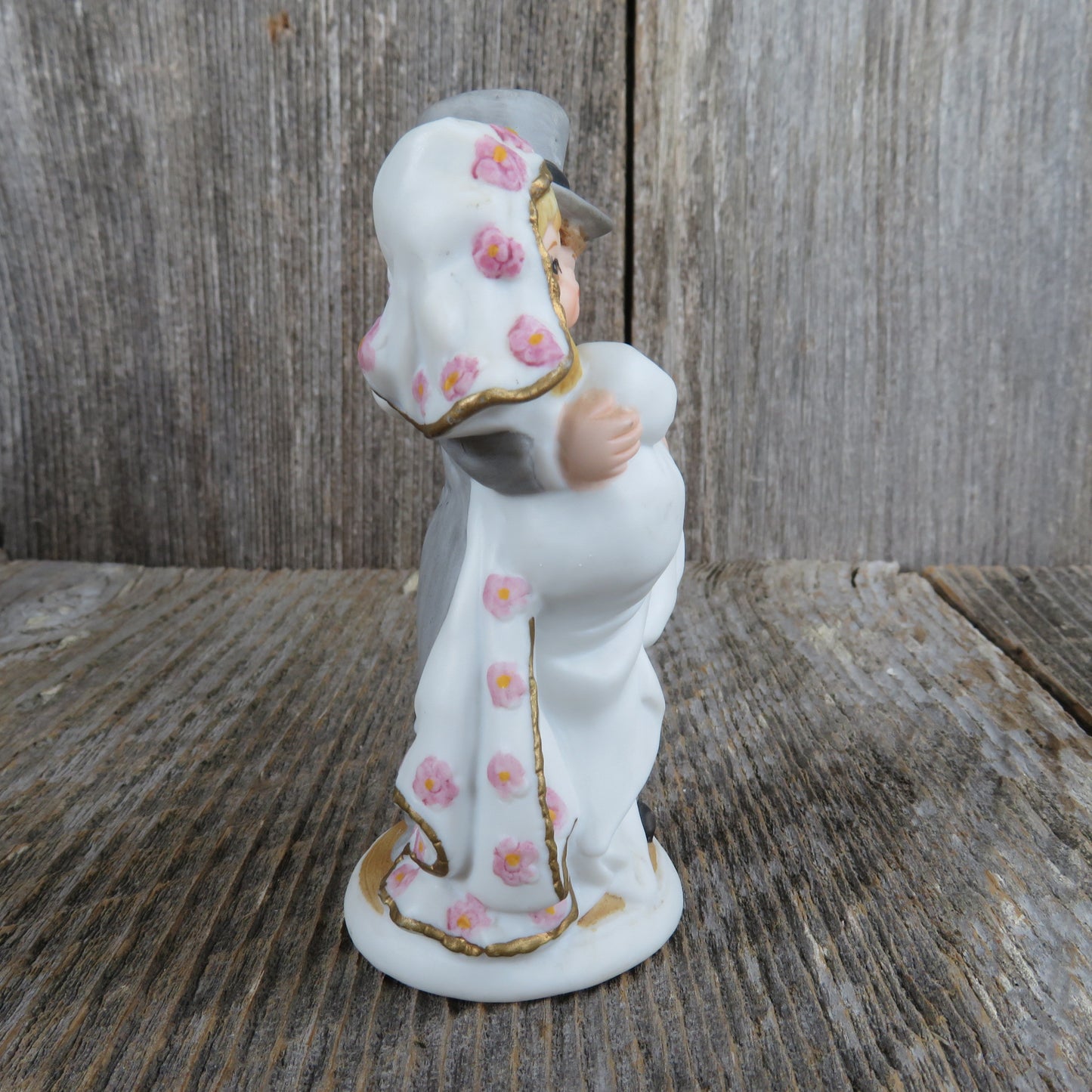 Bride and Groom Figurine Wedding Cake Topper Blonde Over the Threshold  Lefton China Ceramic Bisque Bouquet Vintage Bridal Shower 1987