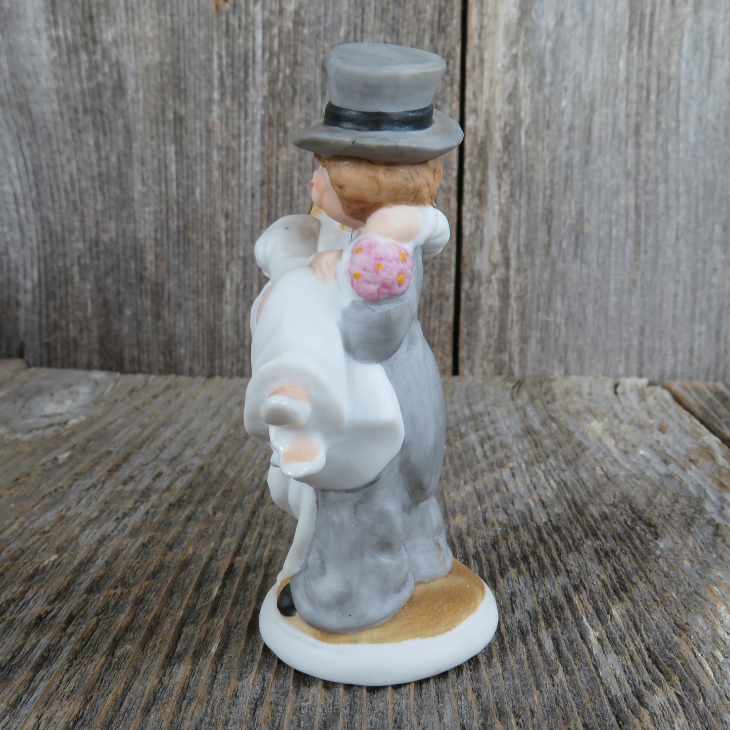 Bride and Groom Figurine Wedding Cake Topper Blonde Over the Threshold  Lefton China Ceramic Bisque Bouquet Vintage Bridal Shower 1987