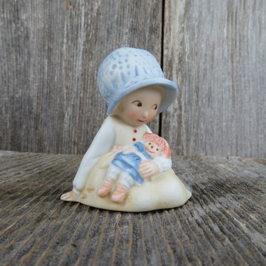 Vintage Holly Hobbie with Doll Figurine Sitting on the Floor Blue Bonnet Beige Apron Bisque Ceramic