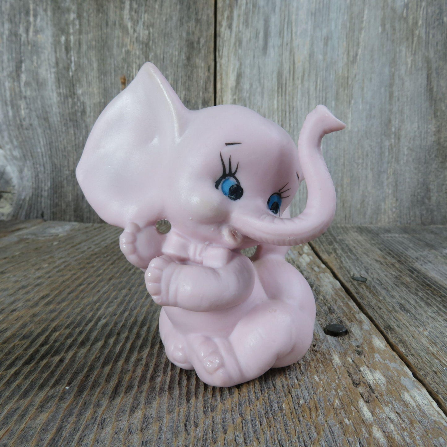 Vintage Pink Elephant Figurine Ceramic Bisque Blue Eyes Porcelain Made in Japan