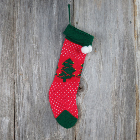 Vintage Knit Tree Stocking Christmas Tree Green Cuff Red White Pom Pom