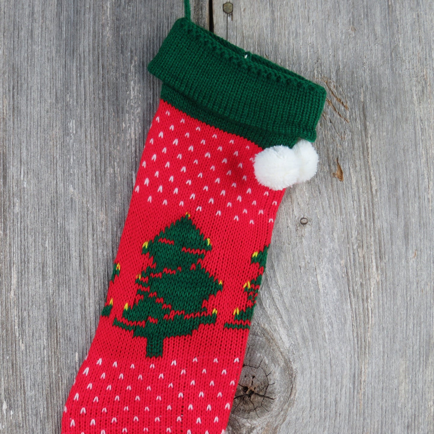 Vintage Knit Tree Stocking Christmas Tree Green Cuff Red White Pom Pom