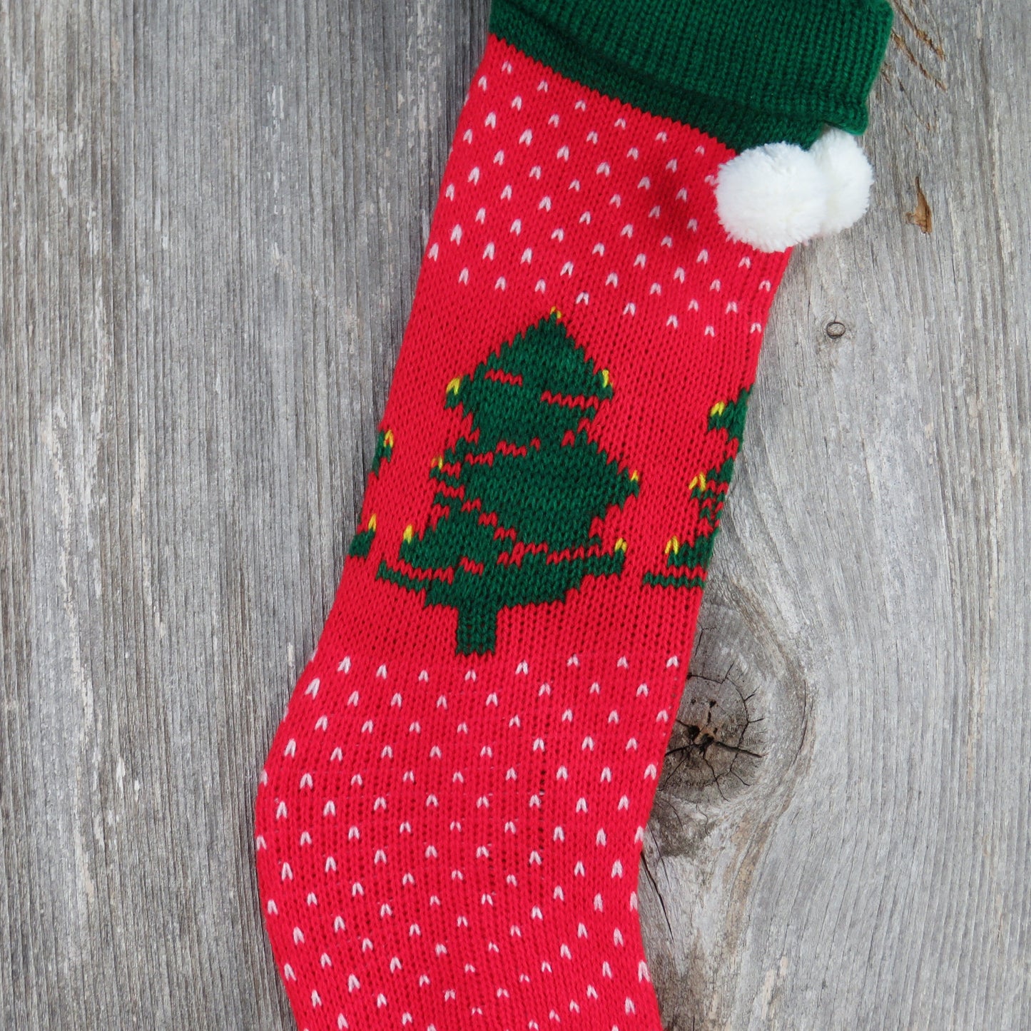 Vintage Knit Tree Stocking Christmas Tree Green Cuff Red White Pom Pom