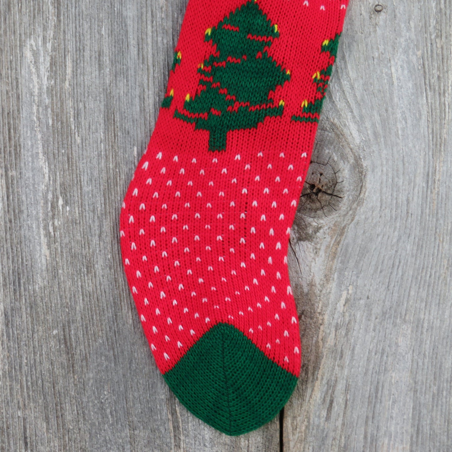 Vintage Knit Tree Stocking Christmas Tree Green Cuff Red White Pom Pom