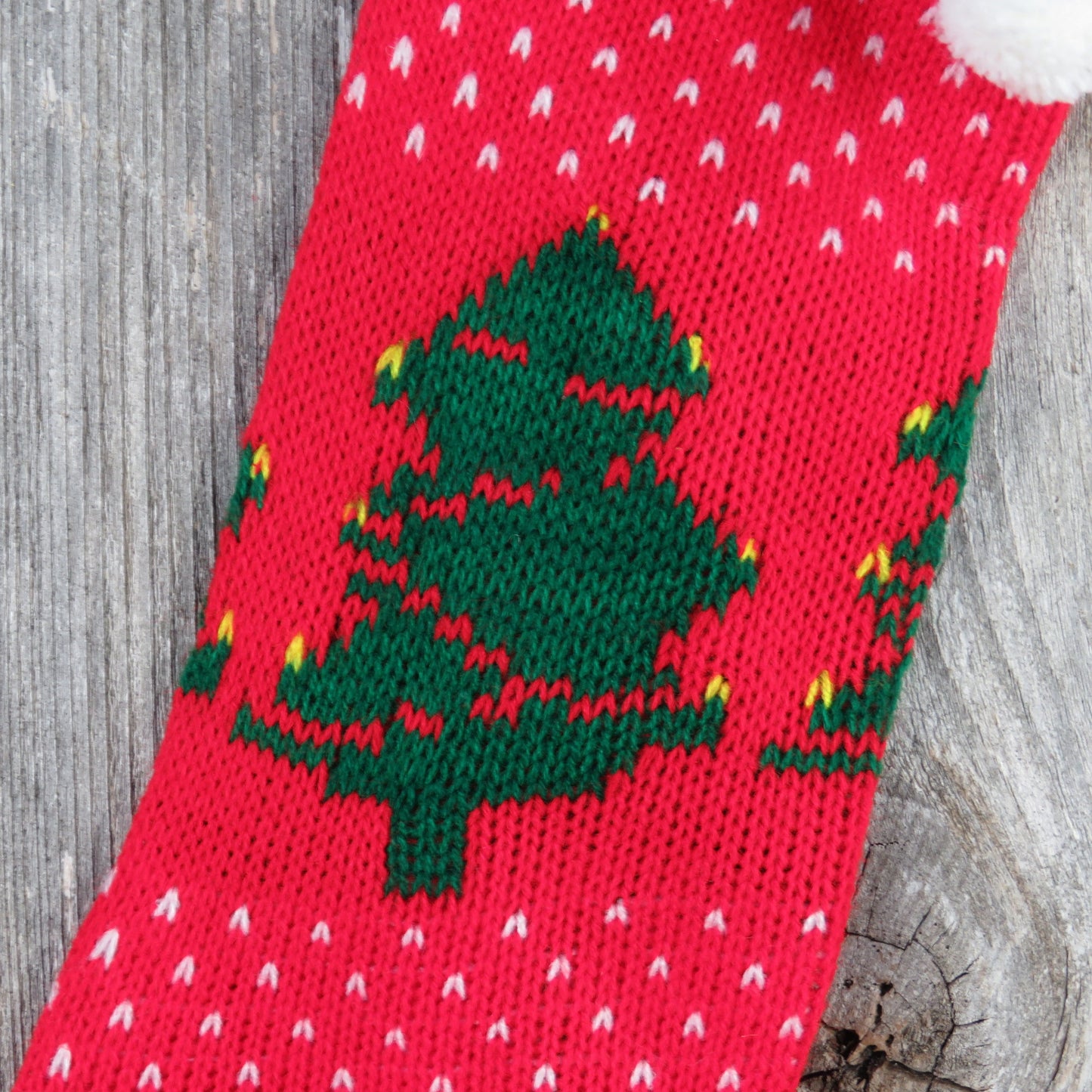 Vintage Knit Tree Stocking Christmas Tree Green Cuff Red White Pom Pom