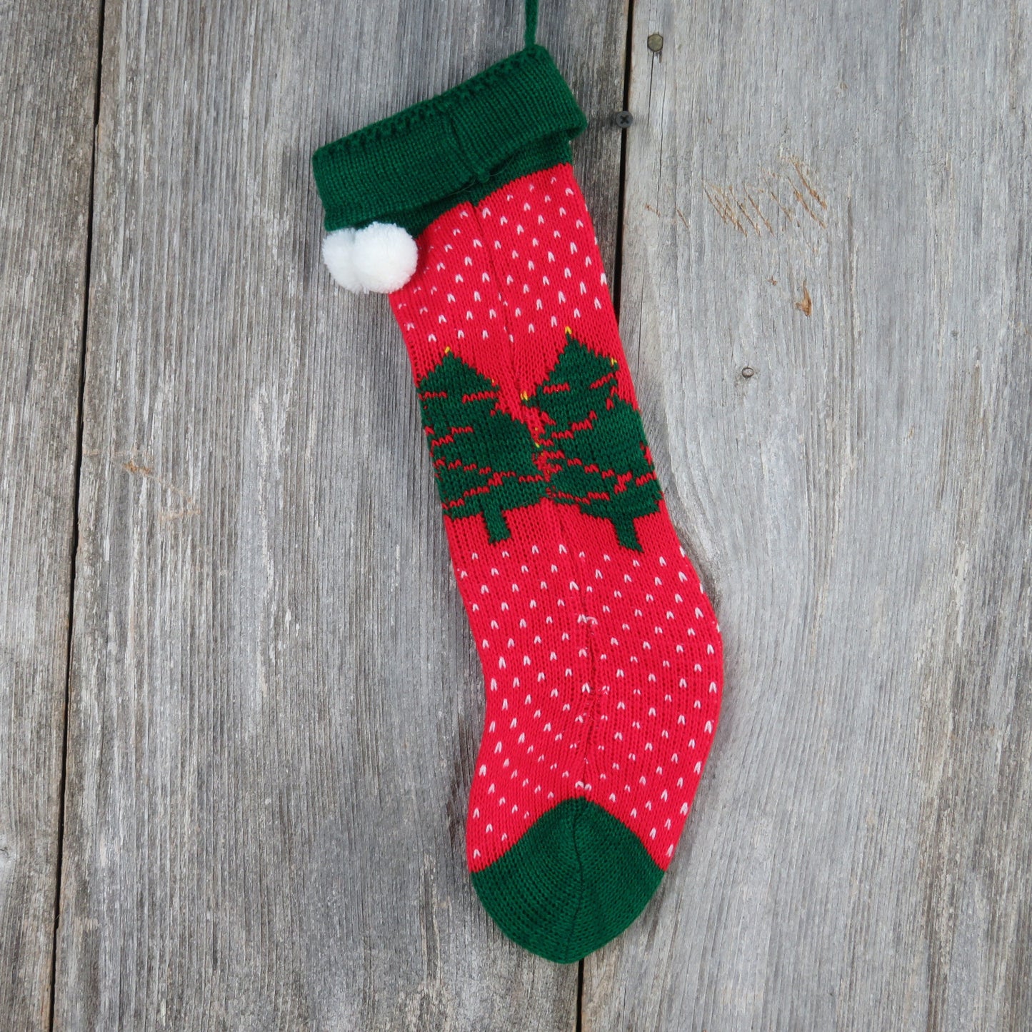 Vintage Knit Tree Stocking Christmas Tree Green Cuff Red White Pom Pom