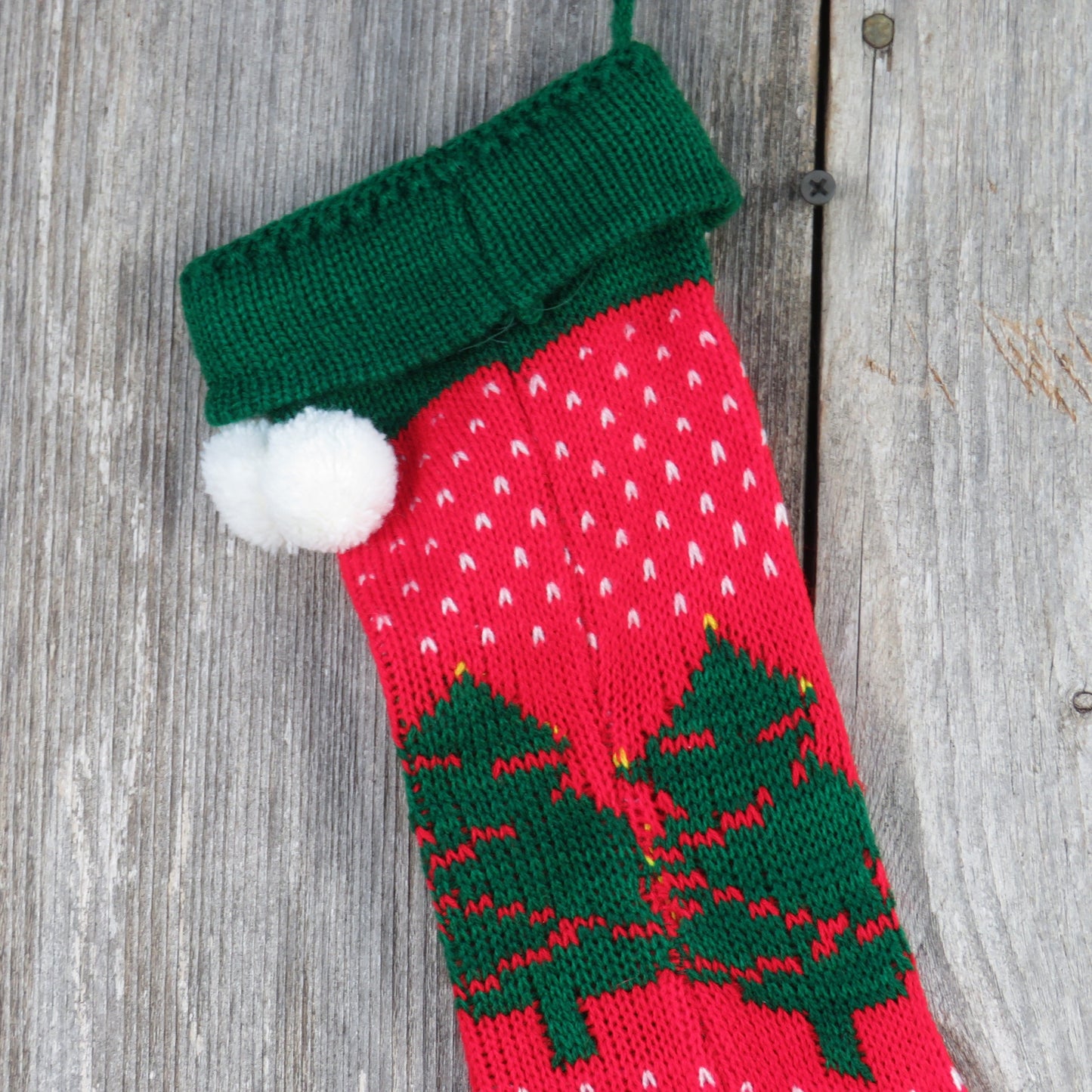 Vintage Knit Tree Stocking Christmas Tree Green Cuff Red White Pom Pom