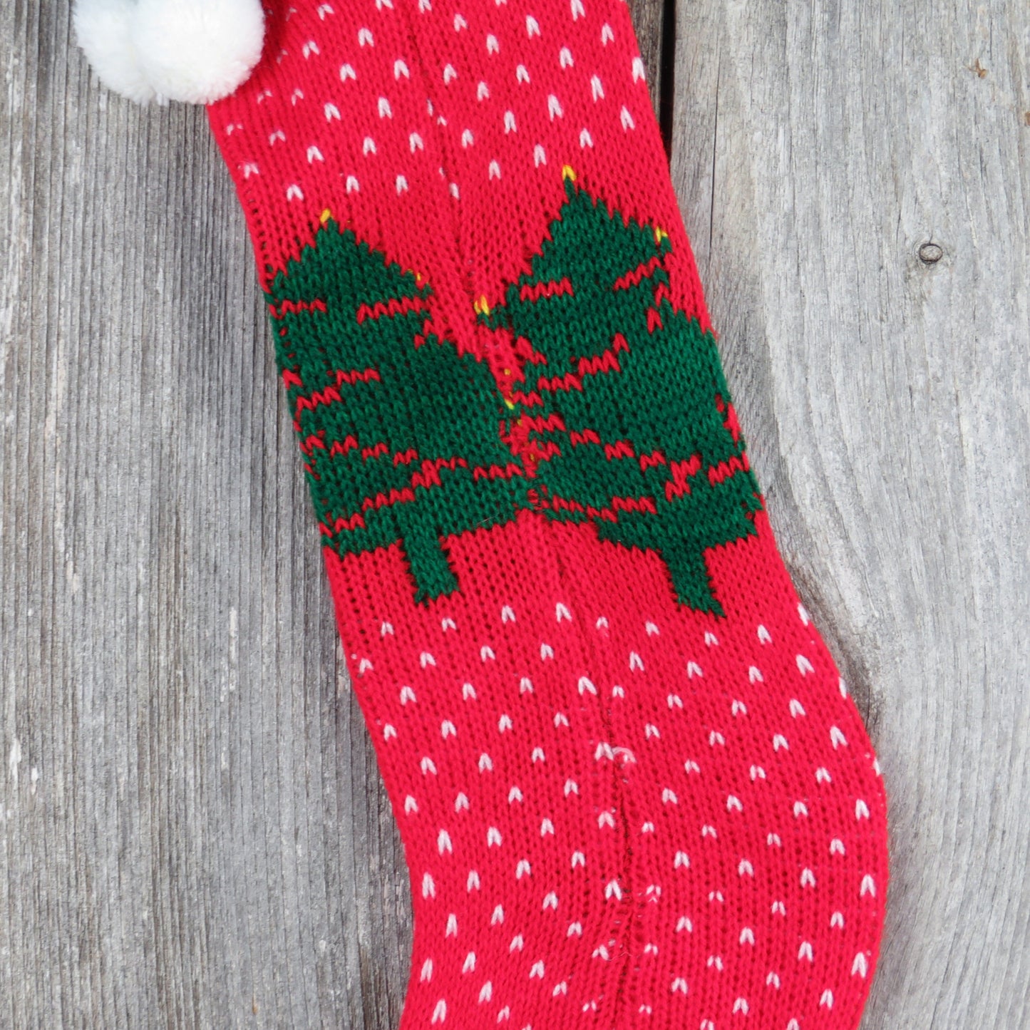 Vintage Knit Tree Stocking Christmas Tree Green Cuff Red White Pom Pom