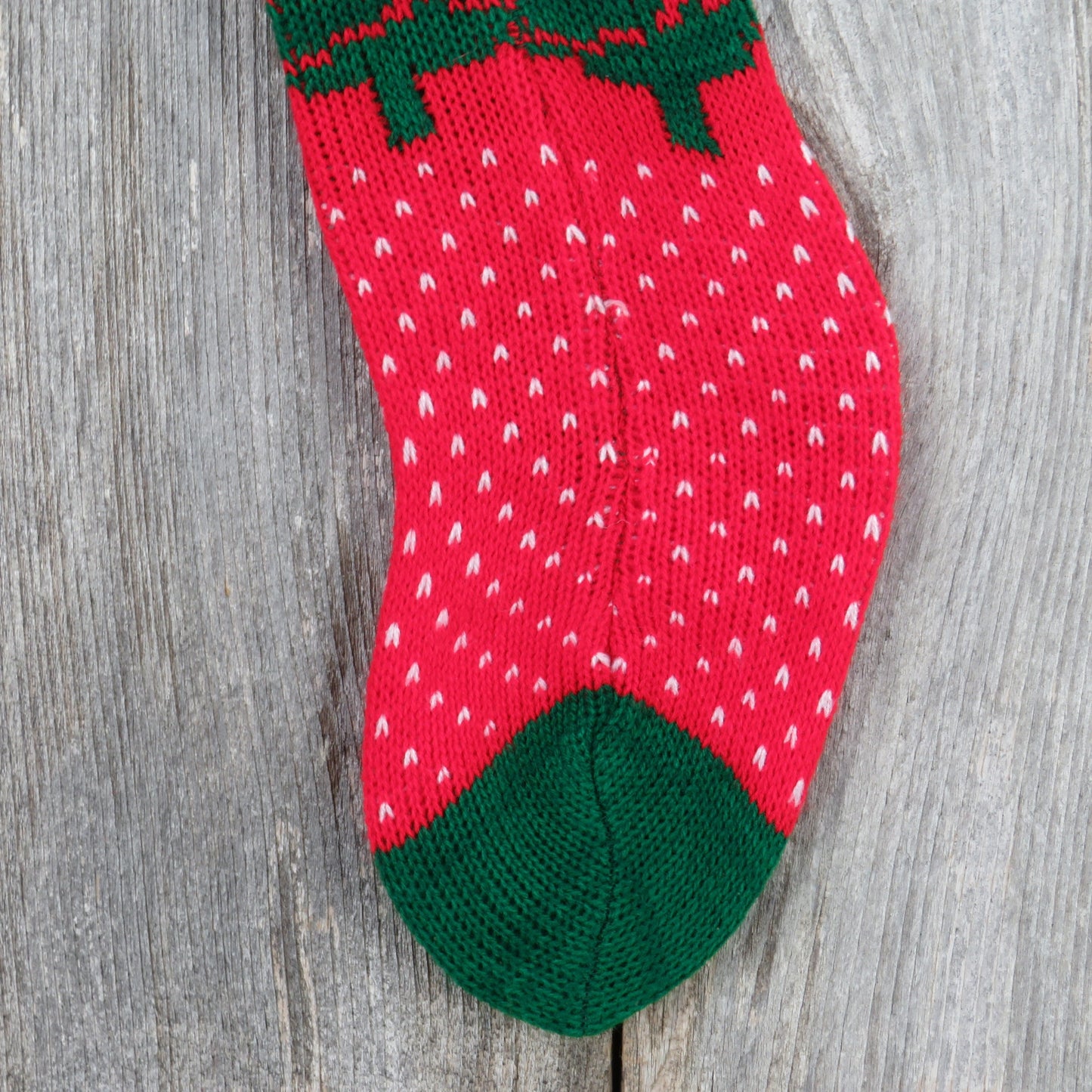 Vintage Knit Tree Stocking Christmas Tree Green Cuff Red White Pom Pom