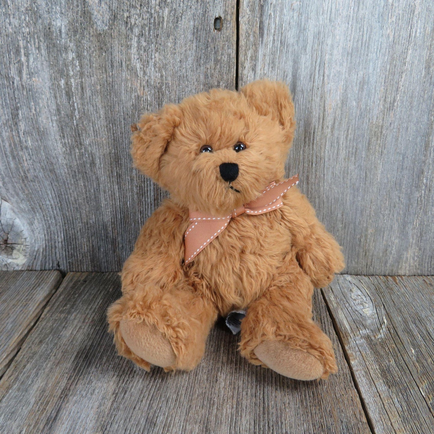 Vintage Teddy Bear Plush Brown Furry Red Bow Russ Stitched Nose Stuffed Animal