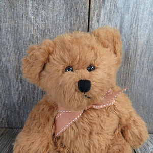 Vintage Teddy Bear Plush Brown Furry Red Bow Russ Stitched Nose Stuffed Animal