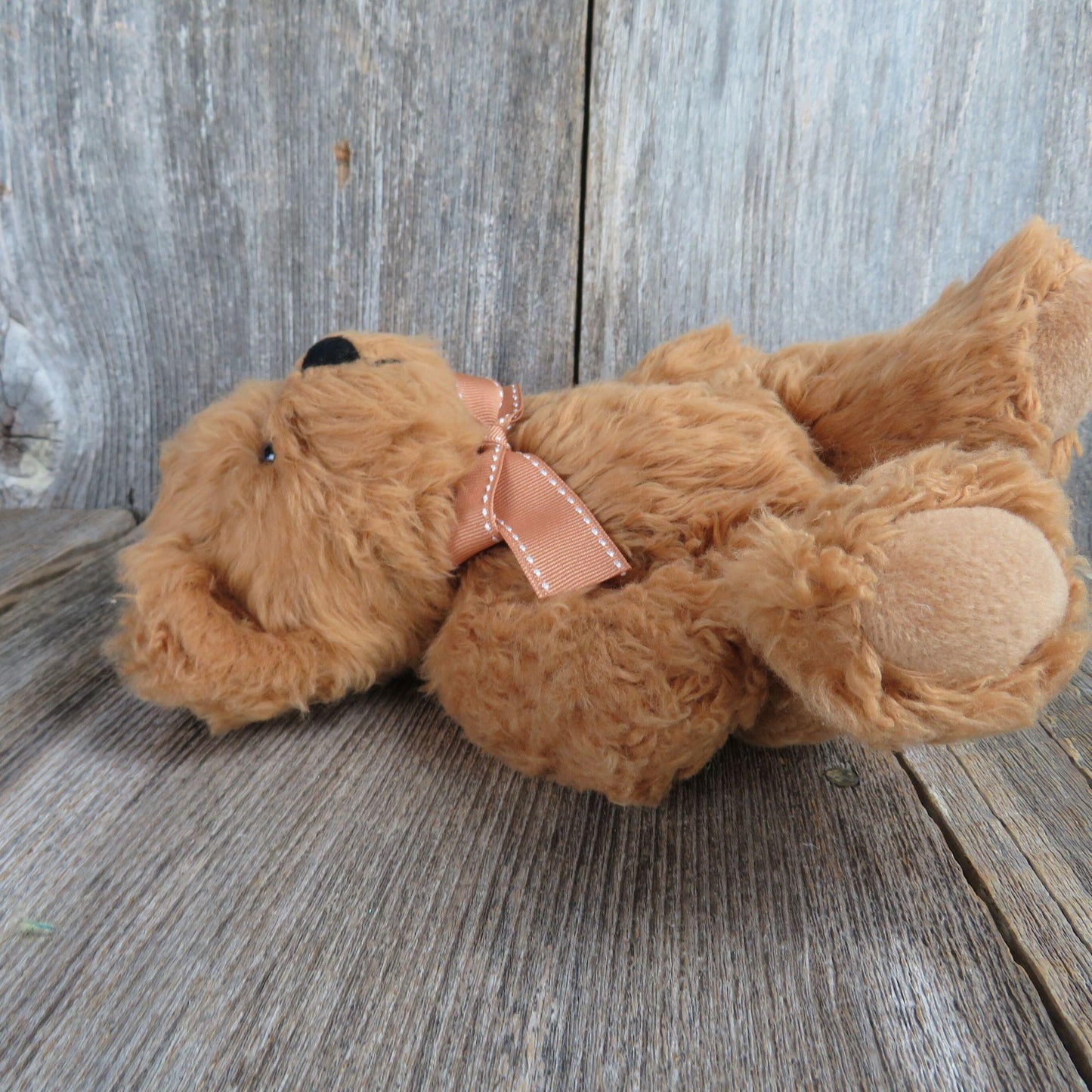 Vintage Teddy Bear Plush Brown Furry Red Bow Russ Stitched Nose Stuffed Animal