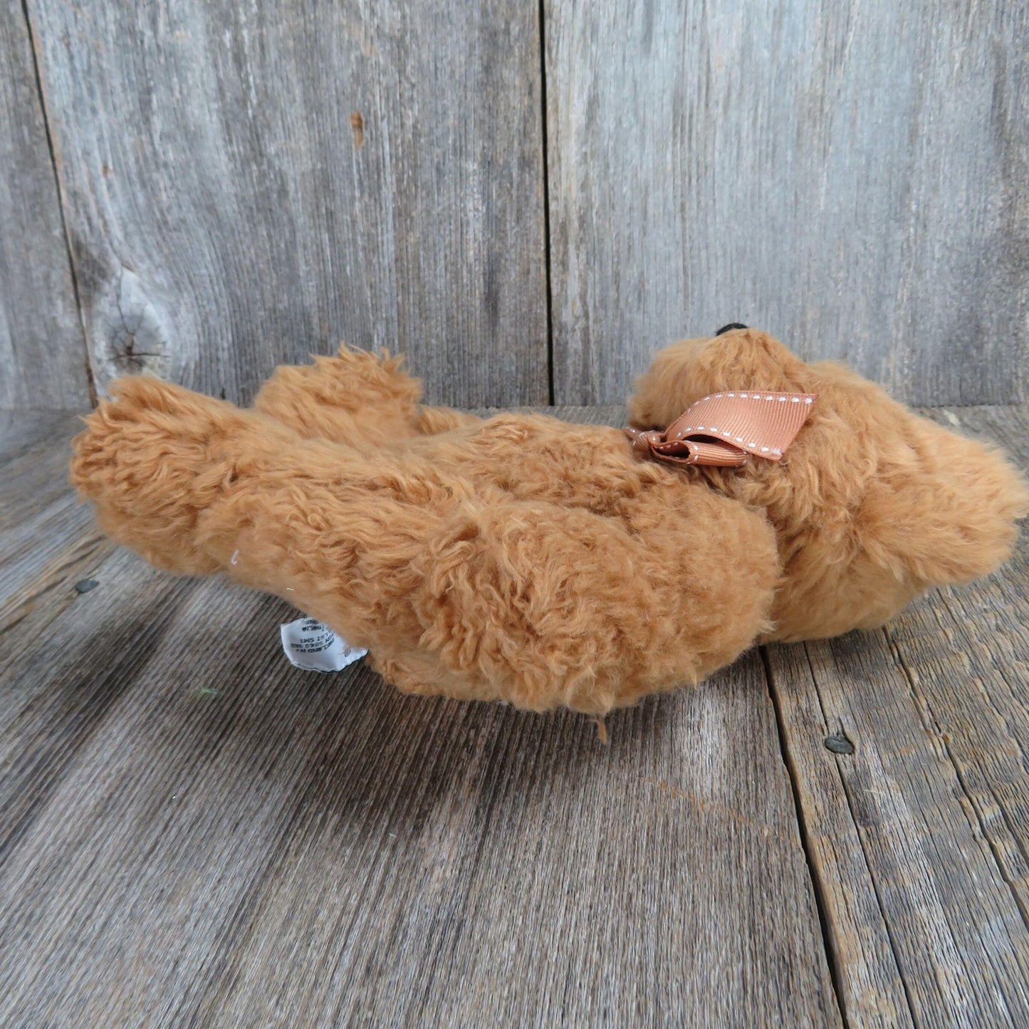 Vintage Teddy Bear Plush Brown Furry Red Bow Russ Stitched Nose Stuffed Animal