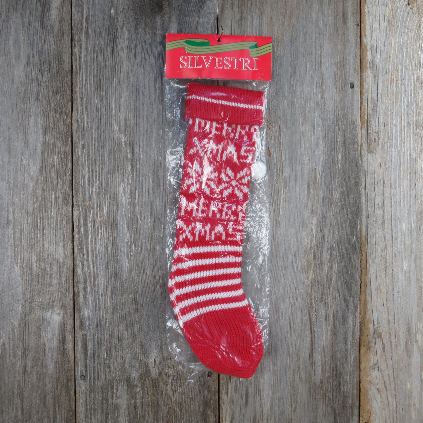 Vintage Merry Christmas Knit Stocking Silvestri Red White Striped Snowflake Pom Pom 1980s