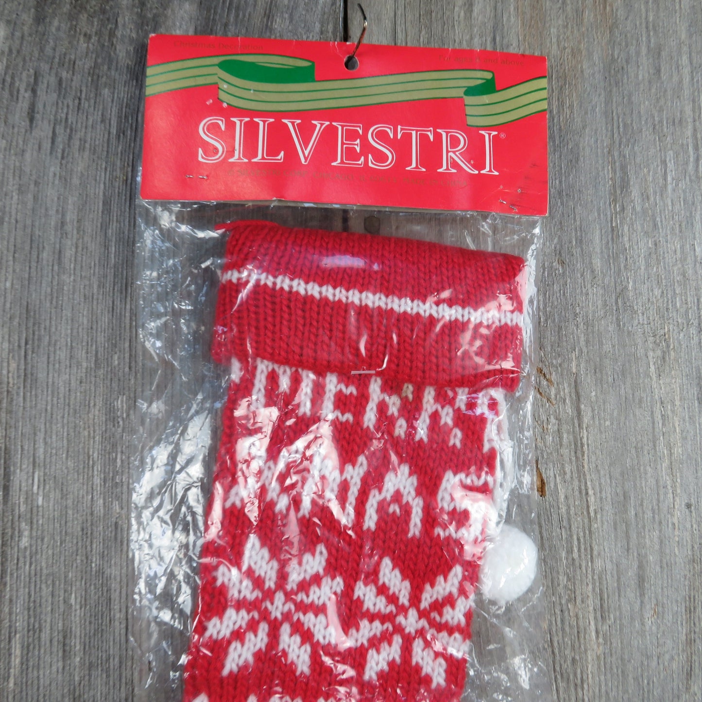 Vintage Merry Christmas Knit Stocking Silvestri Red White Striped Snowflake Pom Pom 1980s