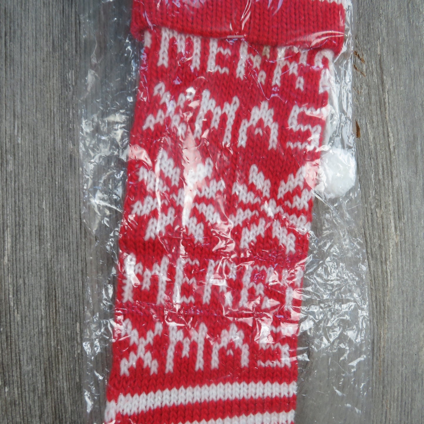 Vintage Merry Christmas Knit Stocking Silvestri Red White Striped Snowflake Pom Pom 1980s