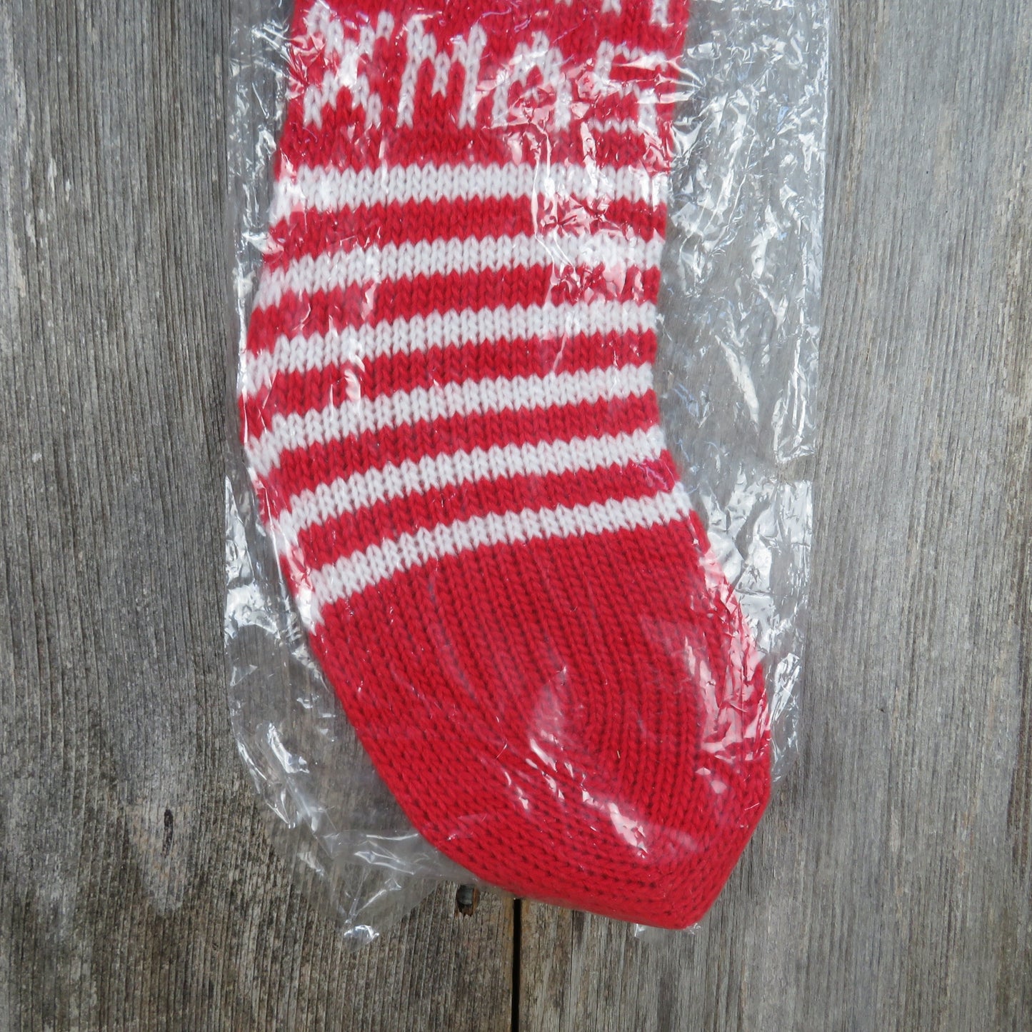 Vintage Merry Christmas Knit Stocking Silvestri Red White Striped Snowflake Pom Pom 1980s