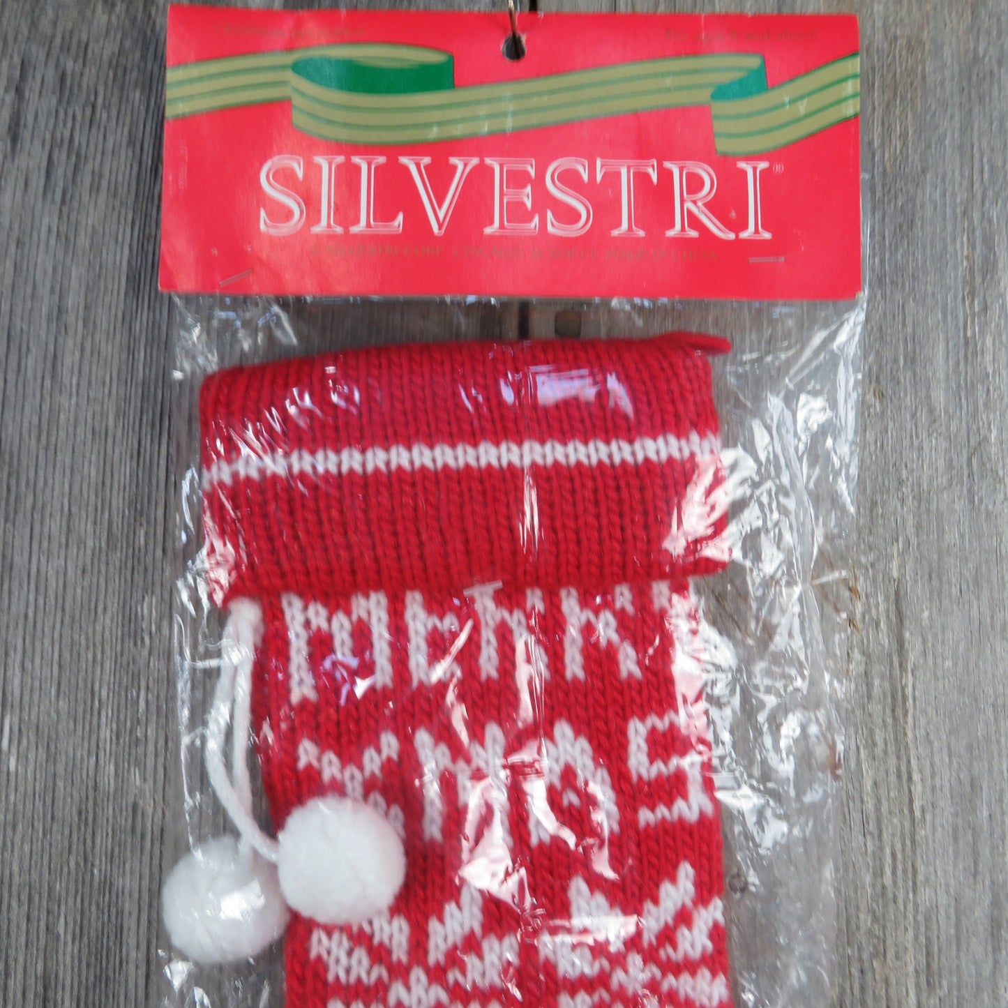 Vintage Merry Christmas Knit Stocking Silvestri Red White Striped Snowflake Pom Pom 1980s