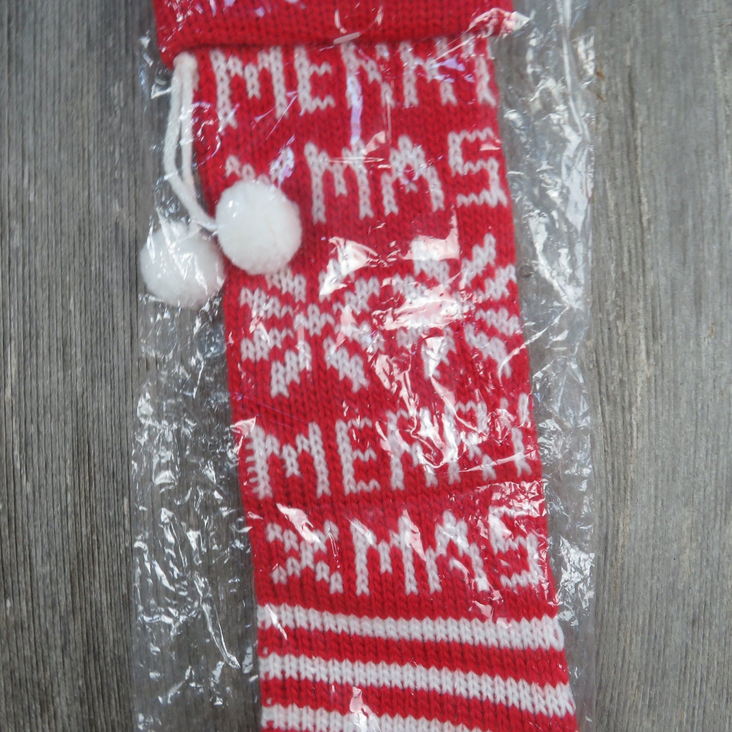 Vintage Merry Christmas Knit Stocking Silvestri Red White Striped Snowflake Pom Pom 1980s