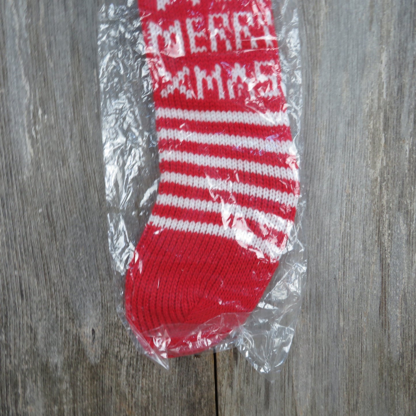 Vintage Merry Christmas Knit Stocking Silvestri Red White Striped Snowflake Pom Pom 1980s