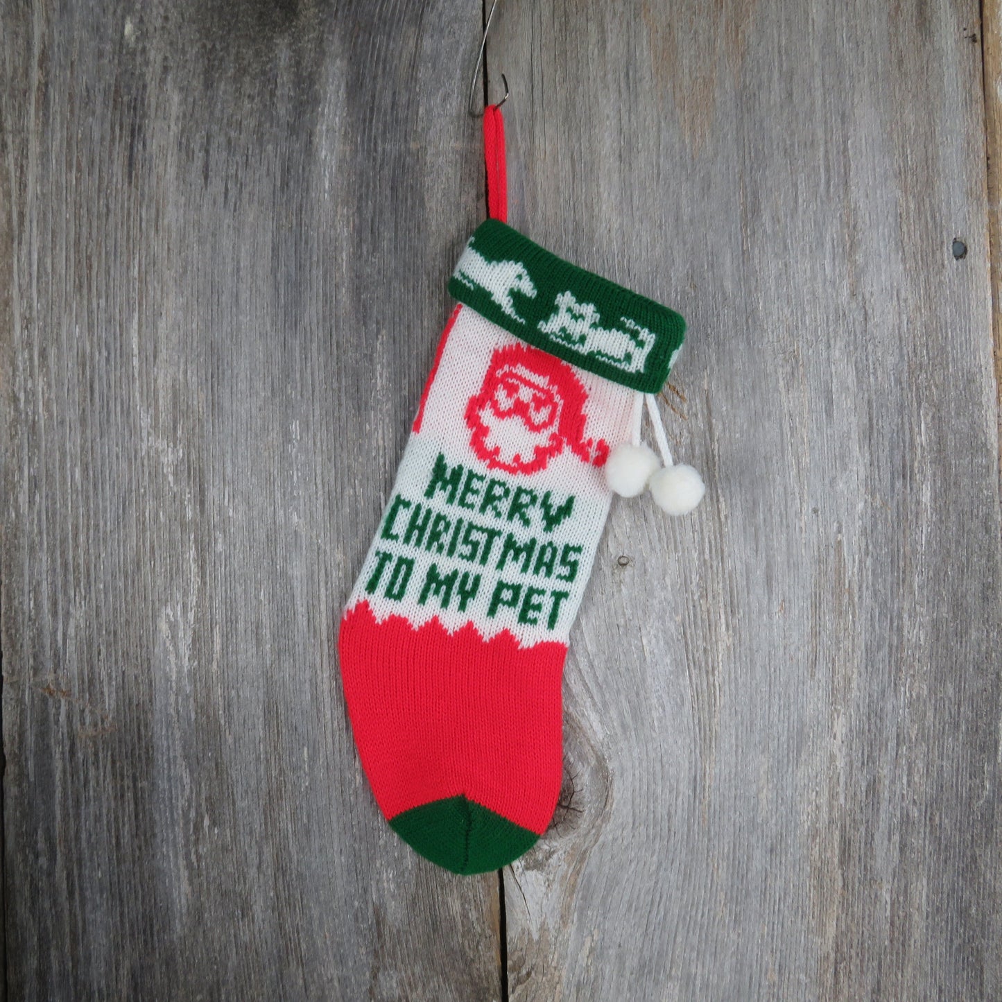 Vintage Dog Cat Knit Stocking Merry Christmas to My Pet Knitted Pom Pom New Pet Owner 80s