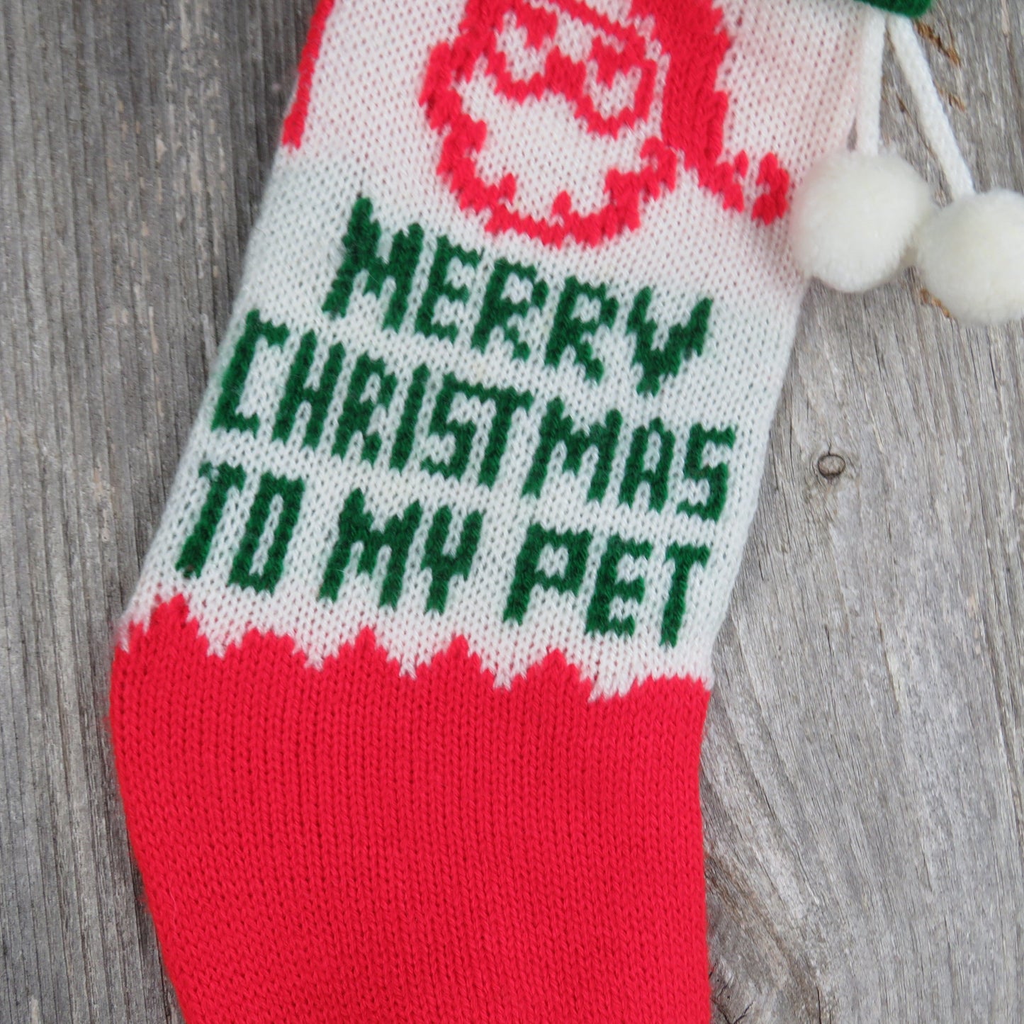 Vintage Dog Cat Knit Stocking Merry Christmas to My Pet Knitted Pom Pom New Pet Owner 80s